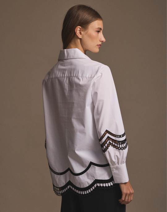 Bardot Long Sleeve Scallop Embroidery Shirt