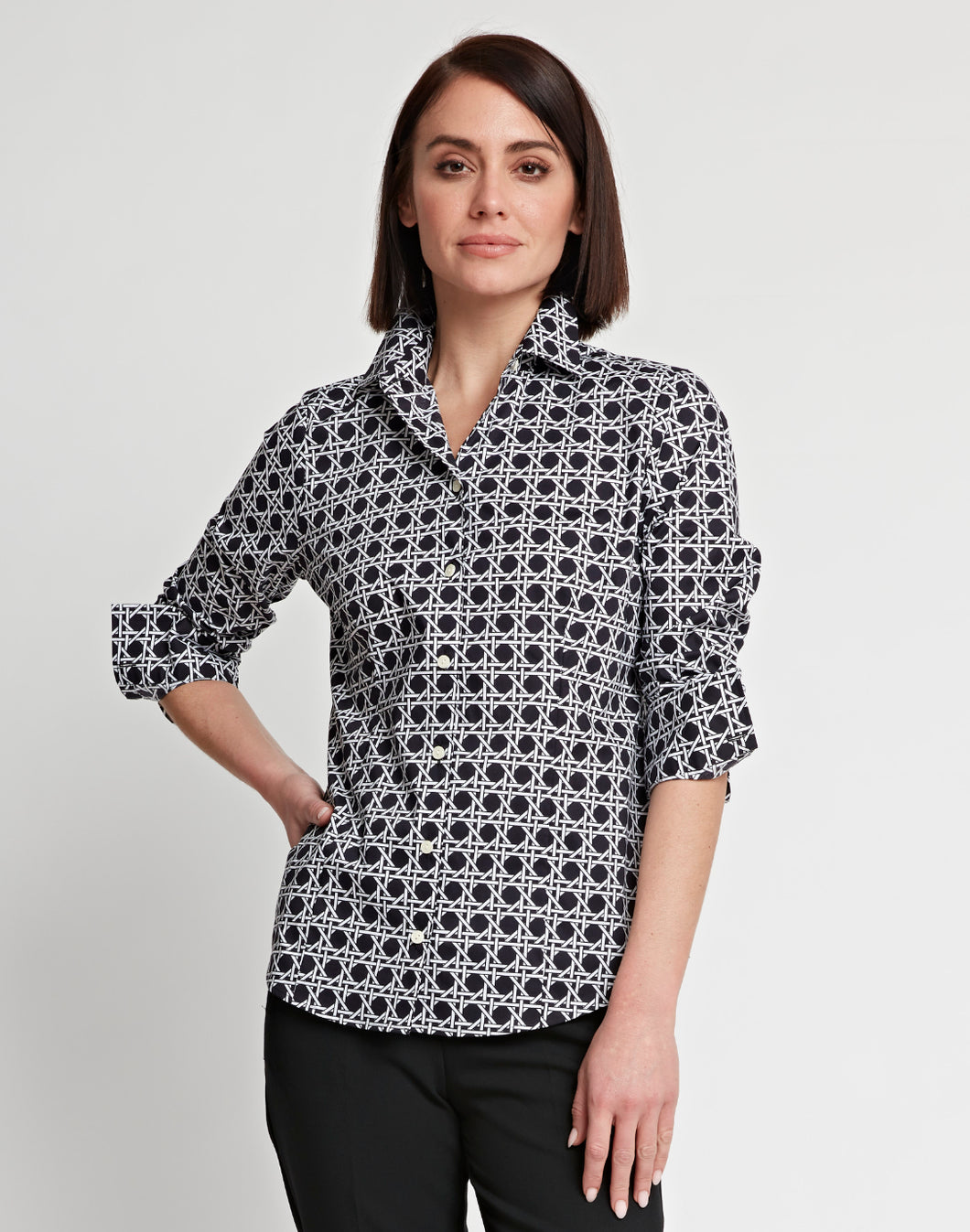 Diane Long Sleeve Lattice Print Fitted Shirt