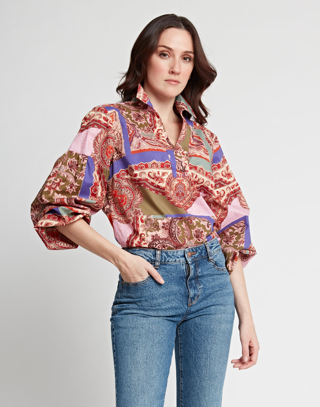 Arianna Long Sleeve Patchwork Paisley Print Top