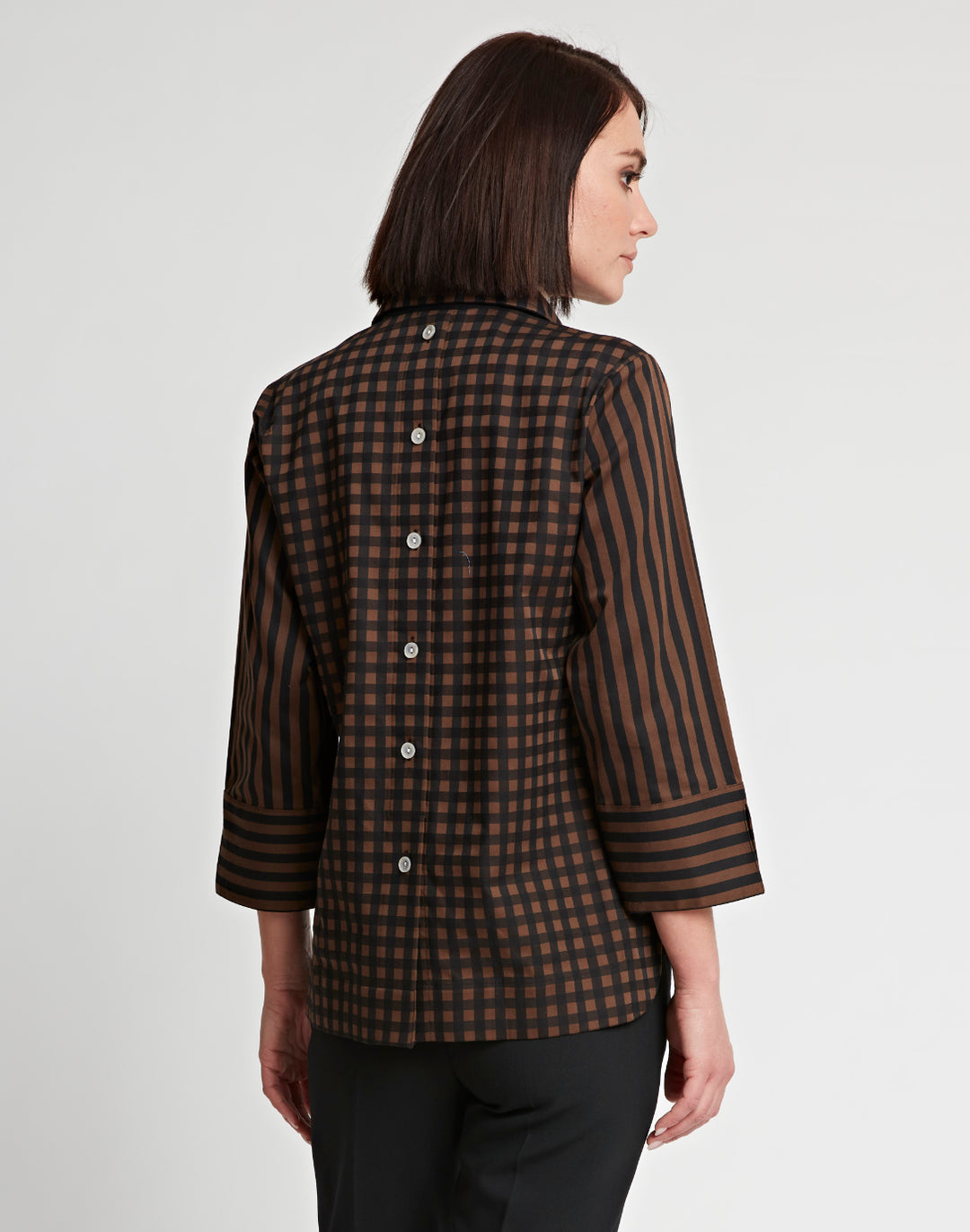 Aileen 3/4 Sleeve Stripe/Gingham Black Combo Top
