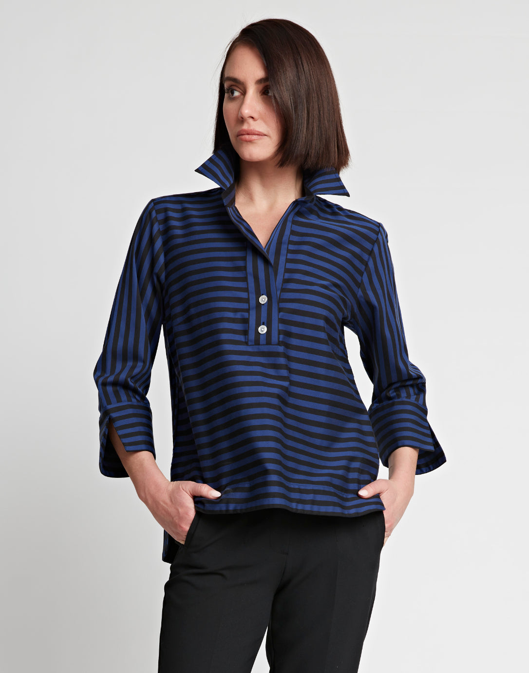 Aileen 3/4 Sleeve Stripe/Gingham Black Combo Top – Hinson Wu
