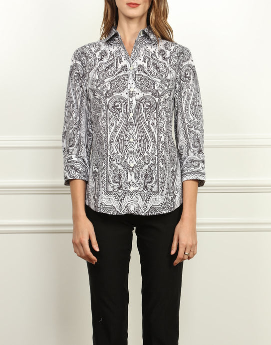 Diane Classic Fit Shirt In Black and White Paisley Print