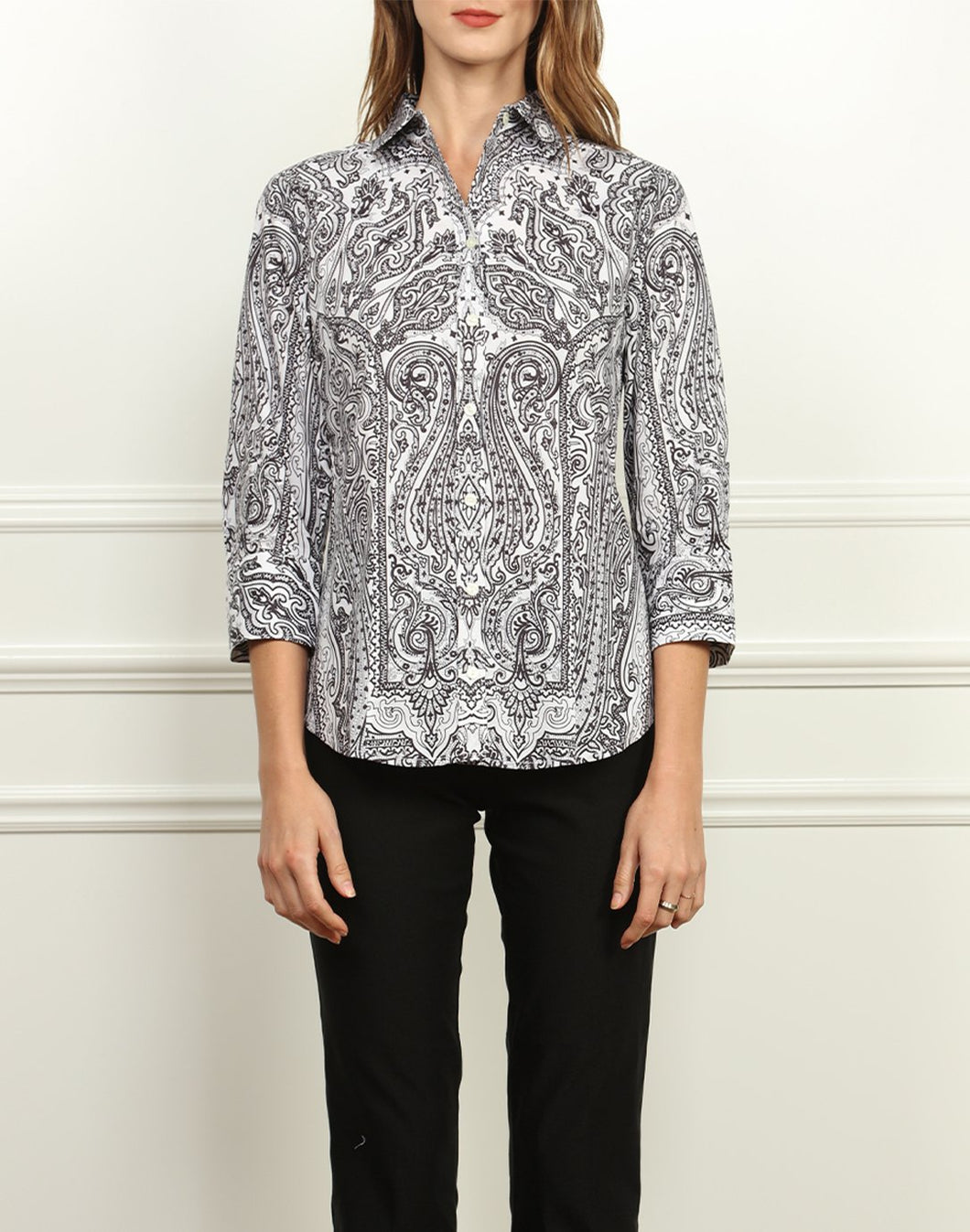 Diane Classic Fit Shirt In Black and White Paisley Print