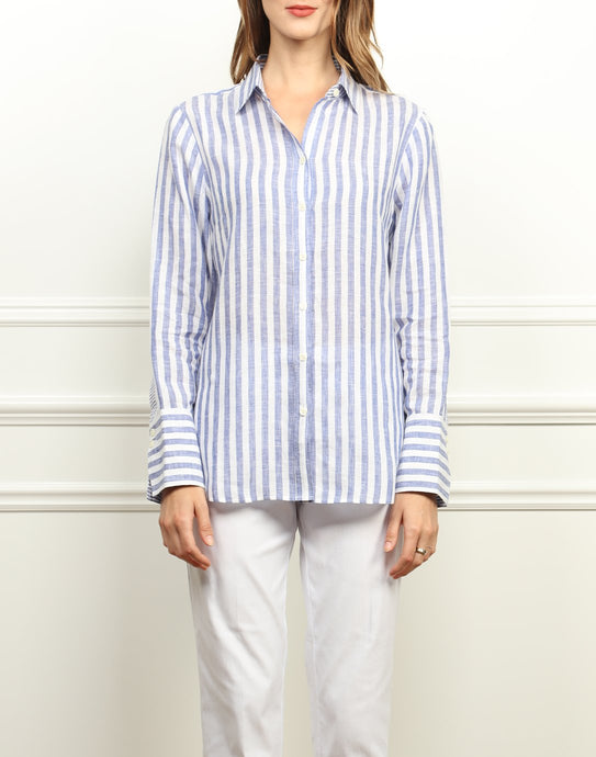Meghan Luxe Linen Relaxed Fit Shirt In Indigo and White Stripe