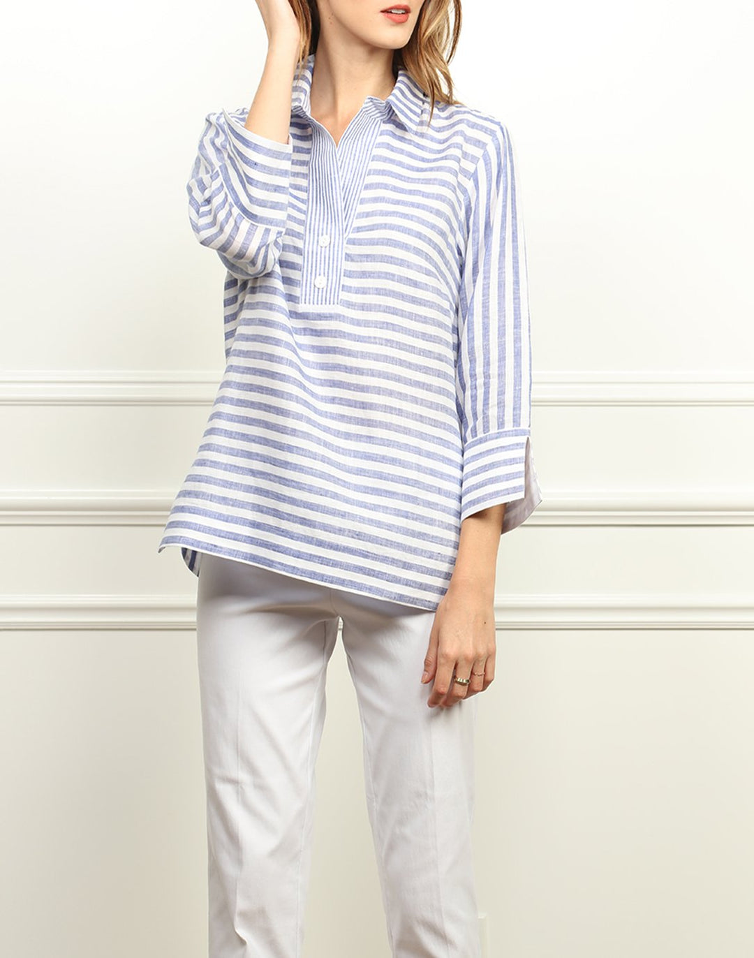 FINAL SALE NO RETURNS/EXCHANGES - Aileen 3/4 Sleeve Luxe Linen Stripes Top