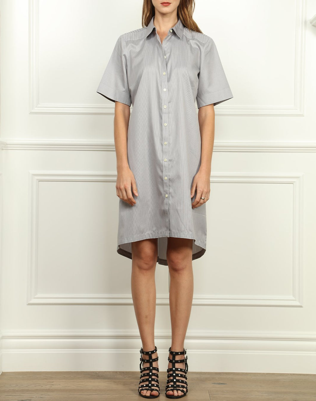 Lori A-line Shirtdress In Tahitian Pearl and White Mini Stripe