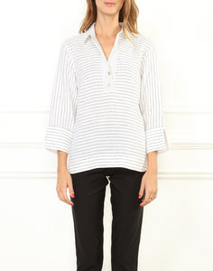 Aileen 3/4 Sleeve Luxe Linen White/Black Stripe Top