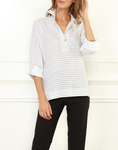 Aileen 3/4 Sleeve Luxe Linen White/Black Stripe Top