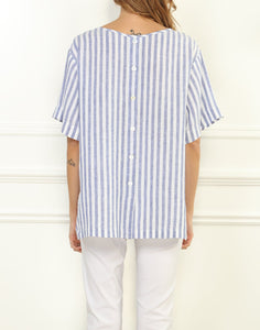 Fiona Luxe Linen Button Back Tee In Stripes