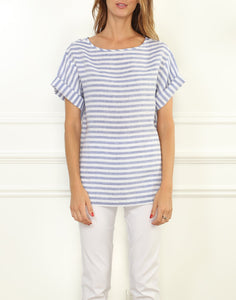 Fiona Luxe Linen Button Back Tee In Stripes