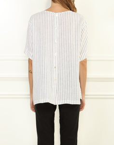 Fiona Luxe Linen Button Back Tee In White/Black Stripe