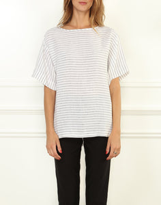 Fiona Luxe Linen Button Back Tee In White/Black Stripe