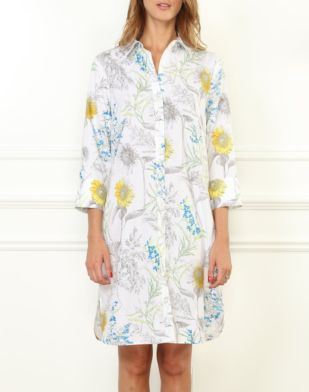 Kathleen Luxe Cotton 3/4 Sleeve Printed Sunflower Shirtdress