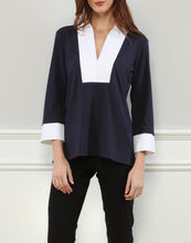 Load image into Gallery viewer, Tiffany 3/4 Sleeve Pleated Woven Trimmed Polo