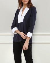 Load image into Gallery viewer, Tiffany 3/4 Sleeve Pleated Woven Trimmed Polo
