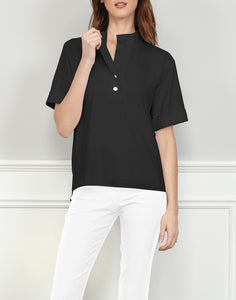 Aileen Short Sleeve Woven Trimmed Polo Top