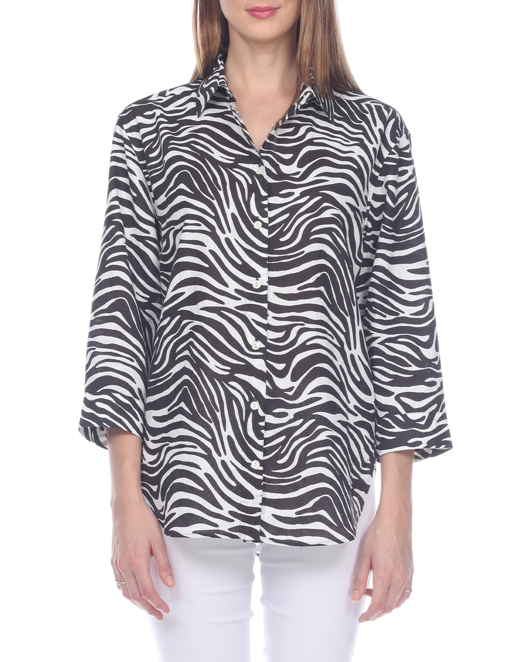 Halsey 3/4 Sleeve Luxe Linen Zebra Printed Oversize Shirt
